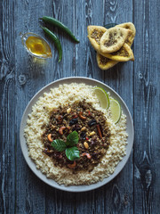 Moroccan spiced mince with couscous. Top view. 