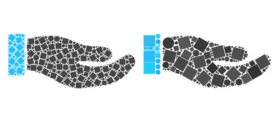 Collage Petition hand icons designed from spheric and square elements in random sizes, positions and proportions.