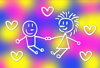 Boy and girl holding hands with a heart. Lovers. Symbol drawing. Vector graphics.
