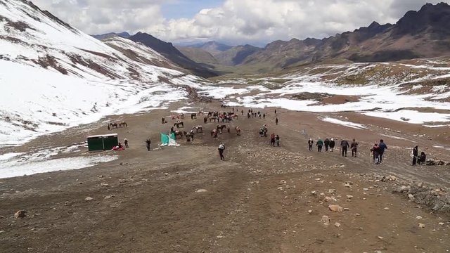 Panoramic view , long tracking through Vinicunca (rainbow mountain) Per&uacute;.