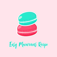 Set of different colorful macaroons like stiker icon. Macaroon cookies isolated on pink background. Sweet and tasty template. Easy Macaroons recipe