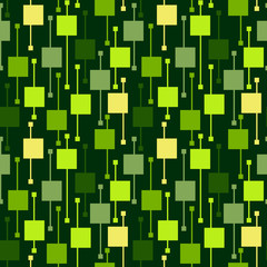 Simple geometric multicolor bright squares and lines on green background. Nature abstract vector seamless patterns for textile, prints, wallpaper etc.