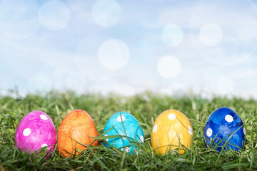 Row of Easter eggs in Fresh Green Grass