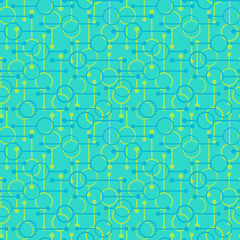 Simple geometric glowing rounds and lines on light blue background. Pale lights on abstract vector seamless patterns for textile, prints, wallpaper etc.