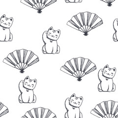 Vector seamless pattern with symbols of Japan isolated on white. Sketch of classic Japanese accessories