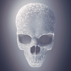 Computer generated abstract white plastic wire skull surrounded by light mist. Geometric modern pattern. 3d rendering