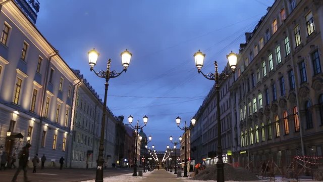 One of the central streets of St. Petersburg (Russia) at night in winter