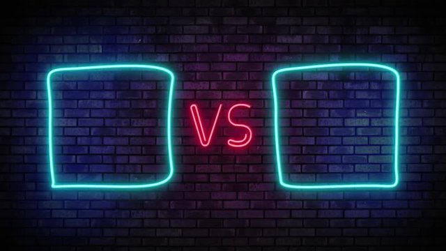 Versus screen in neon style. Blinking futuristic neon VS frames light on brick wall. Neon banner Announcement of two fighters. Competition vs match game, martial battle vs sport. 4k Motion Animation.