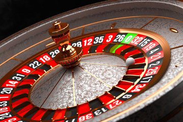 Luxury Casino roulette wheel on black background. Casino theme. Close-up old casino roulette with a ball on 21. Poker game table. 3d rendering illustration.