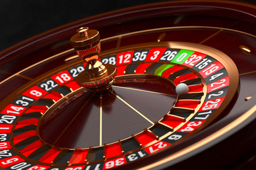 Luxury Casino roulette wheel on black background. Casino theme. Close-up wooden Casino roulette with a ball. Poker game table. 3d rendering illustration.