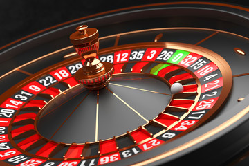Luxury Casino roulette wheel on black background. Casino theme. Close-up black casino roulette with a ball on 21. Poker game table. 3d rendering illustration.