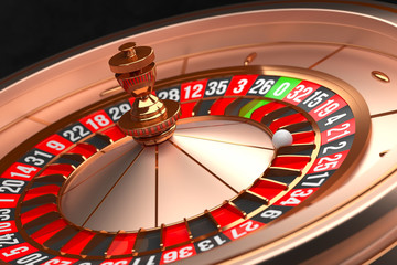 Luxury Casino roulette wheel on black background. Casino theme. Close-up golden casino roulette with a ball on 21. Poker game table. 3d rendering illustration.