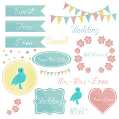 Bright set of wedding design elements for invitations with illustrations of birds, flowers, plates and frames.