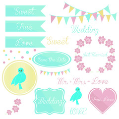 Bright set of wedding design elements for invitations with illustrations of birds, flowers, plates and frames.