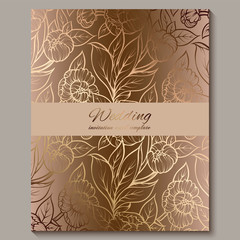 Exquisite royal luxury wedding invitation, gold floral background with frame and place for text, lacy foliage made of roses or peonies with golden shiny gradient.