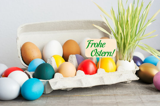 Easter eggs in nest on rustic wooden background, selective focus image, Card Happy Easter in German language 
