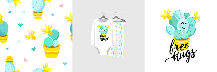 Seamless pattern and illustration for kid with cactus, quote Free hugs. Cute design pajamas on hanger. Baby background for clothes, room birthday decor, t-shirt print, wear fashion, invitation card