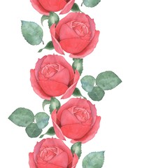Naklejka premium Seamless border of red roses. Watercolor illustration. Hand-drawing
