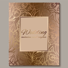 Exquisite royal luxury wedding invitation, gold floral background with frame and place for text, lacy foliage made of roses or peonies with golden shiny gradient.