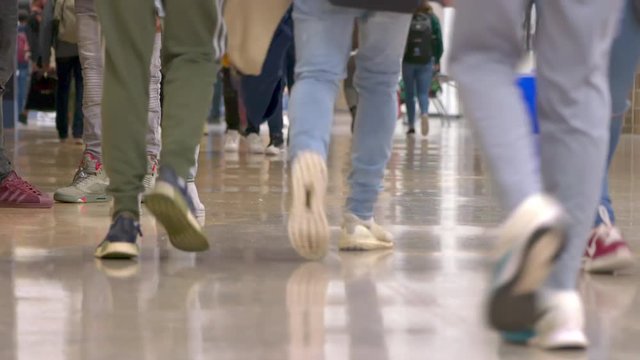 Ground level shot of multi-ethnic teenage high school students standing and walking in the hall of their school. ProRes file, shot in 4K UHD.