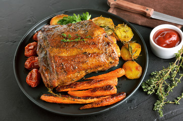 Bbq meat. Grilled pork, fried potatoes and carrots