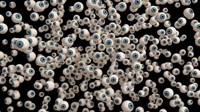 4K. Explosive Appearance Of Group Of Eyeballs On Black Background With Alpha Matte. 3D Animation.