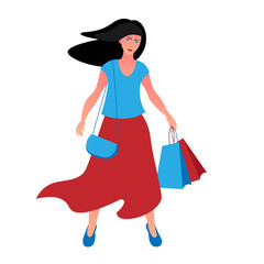 Young brunette woman in a summer blouse and skirt with a clutch over her shoulder and bags from the store in her hands after shopping during discounts and sales. Isolated, flat style, vector illustrat