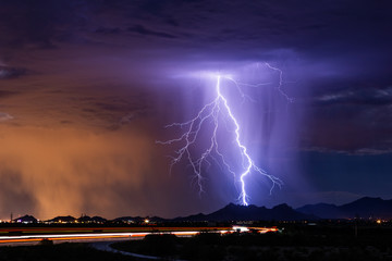 Lightning bolt over a city