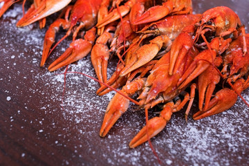 Red crayfish seasoned to beer, boiled crayfish on an iron plate.