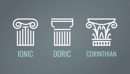 Ionic, Doric and Corinthian icons in lineart style on dark background. Vector set of Greek columns in EPS10.