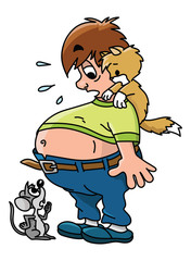 Cartoon man gained too much weight looking at his tummy with his pet friends vector illustration 