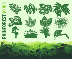 set of jungle icons with horizontal seamless tropical rainforest forest background - obrazy, fototapety, plakaty