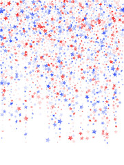 Flying red blue white star sparkles on white vector american patriotic background.