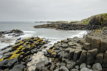 Black, basalt columns extending out into the Pacific Ocean on the Chatham Islands, New Zealand....