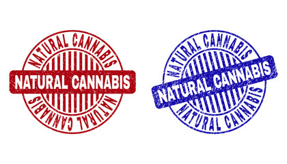 Grunge NATURAL CANNABIS round stamp seals isolated on a white background. Round seals with grunge texture in red and blue colors.