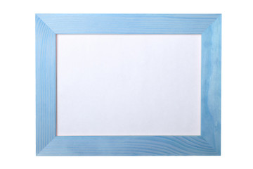 Blue painted narrow wooden photo frame with mockup space isolated on white background.