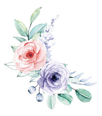 Watercolor flower bouquet. Floral clip art. Perfectly for print on wedding invitation, greeting card, wall art, stickers and other. Isolated on white background. Hand paint design. 
