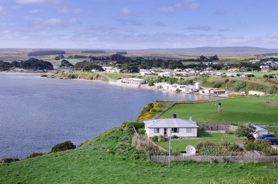 Elevated view of Waitangi, the main port and settlement of the Chatham Islands, New Zealand.