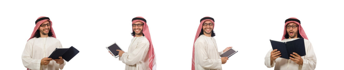 Arab man with book isolated on white