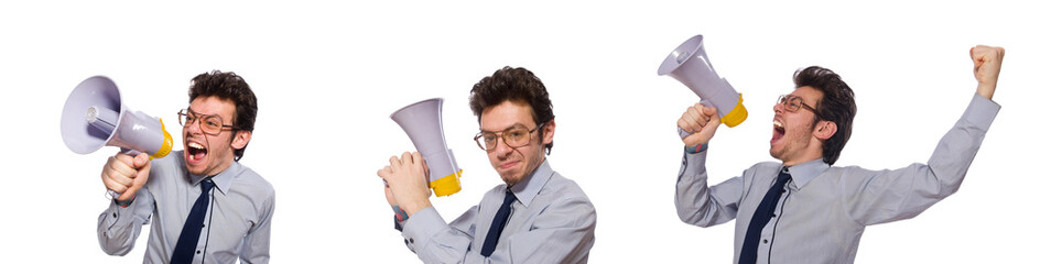 Young employee with loudspeaker isolated on white