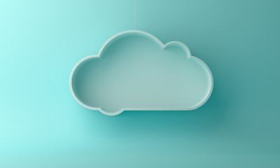 Empty blue pastel hanging shelf cloud shape for product display mock up. 3D rendering illustration.