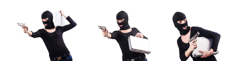 Criminal with gun isolated on white