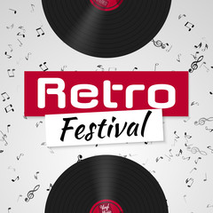 Banner for the retro music festival. Musical poster template for your design. Music elements design for card, invitation, flyer, brochure. Music vinyl and notes background vector illustration. 