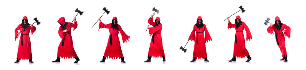 Executioner in red costume with axe on white