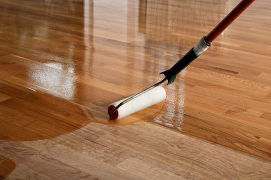 Lacquering wood floors. Worker uses a roller to coating floors.