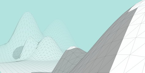 Abstract wireframe background. 3D grid illustration landscape. Terrain in the Mountains with valleys.