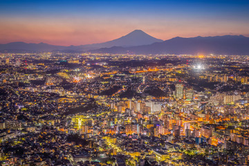 City view of Yokohama at night with Mt.Fuji