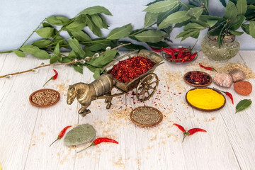 Spices and seasonings on the wooden table
