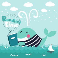 Cute funny whale with stripped shirt reading a book 