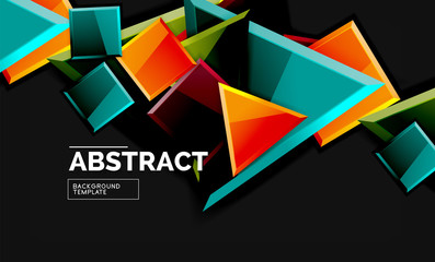 Glossy mosaic style geometric shapes - squares and triangles on black